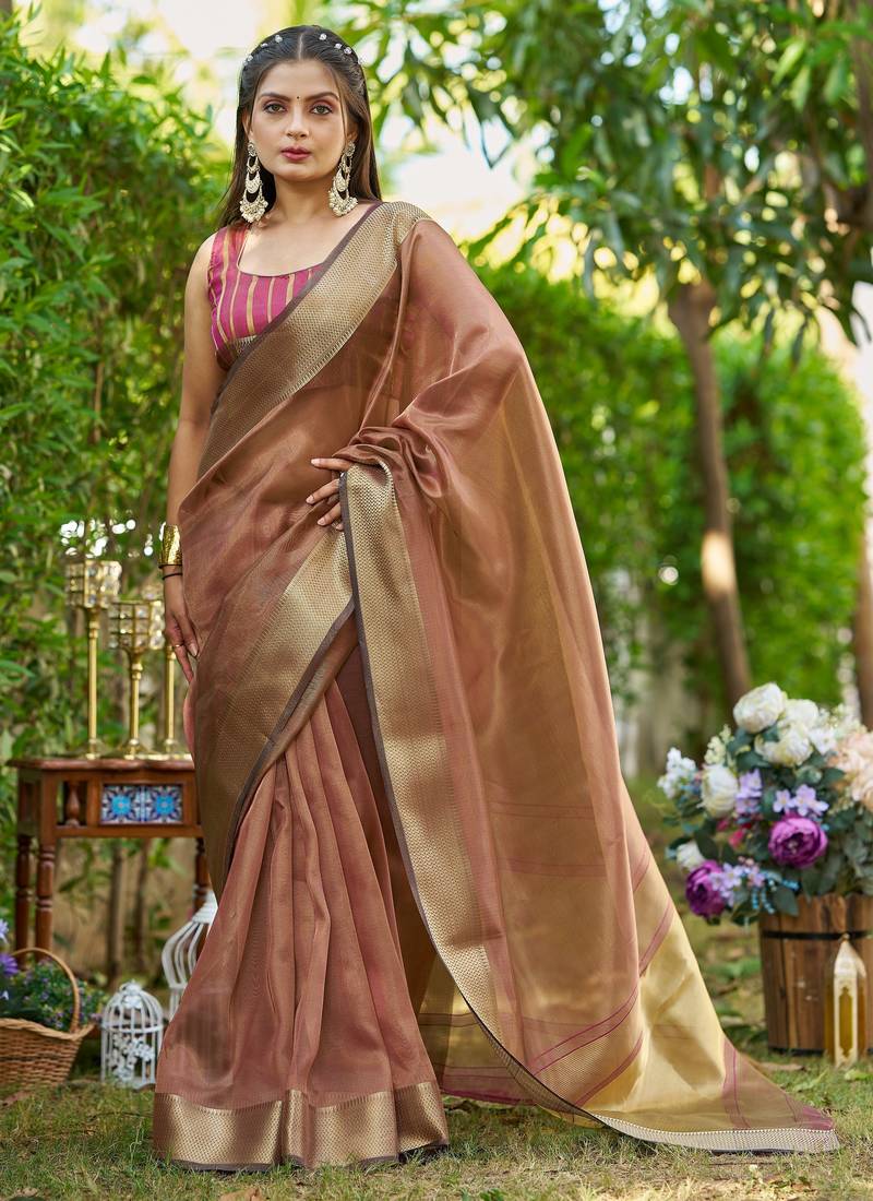 Brown plain tissue tissue-sarees saree with blouse