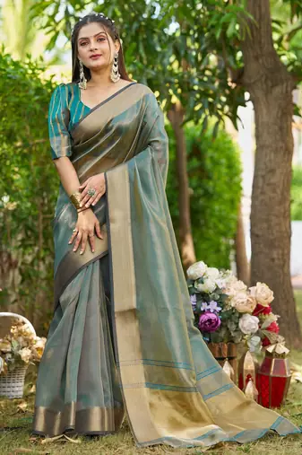 Blue plain tissue tissue-sarees saree with blouse
