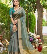 Blue plain tissue tissue-sarees saree with blouse