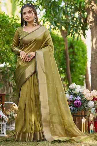Green plain tissue tissue-sarees saree with blouse