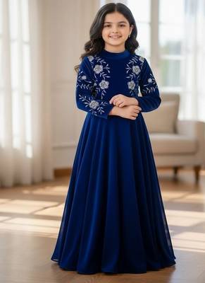 Viscos velvet embroidery work royal blue readymade gown 1