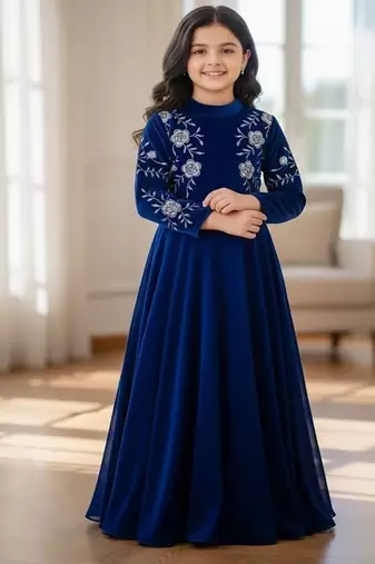 Viscos velvet embroidery work royal blue readymade gown
