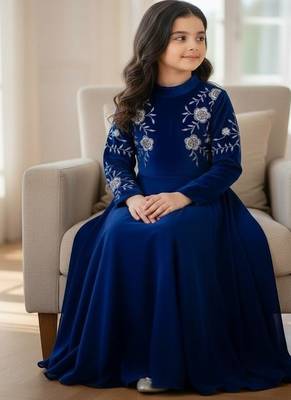 Viscos velvet embroidery work royal blue readymade gown 3