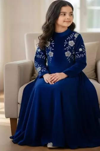 Viscos velvet embroidery work royal blue readymade gown