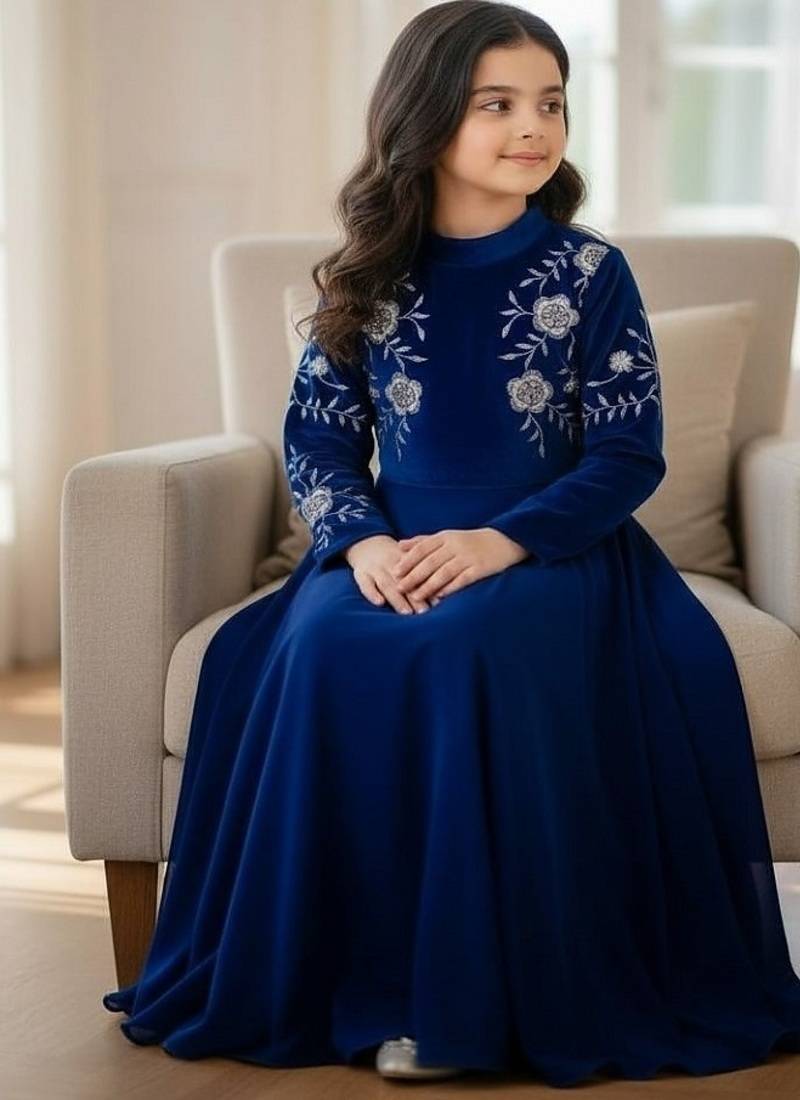 Viscos velvet embroidery work royal blue readymade gown