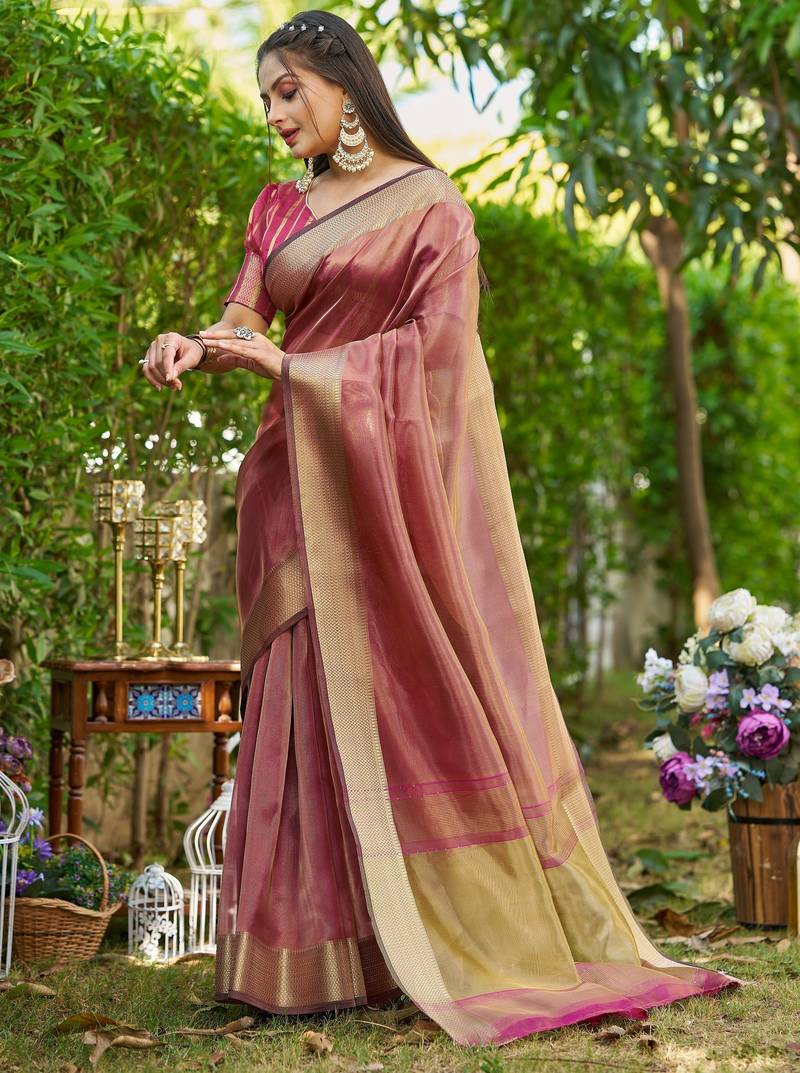 Maroon plain tissue tissue-sarees saree with blouse