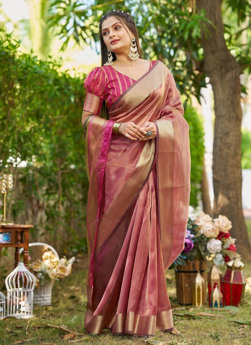 Maroon plain tissue tissue-sarees saree with blouse