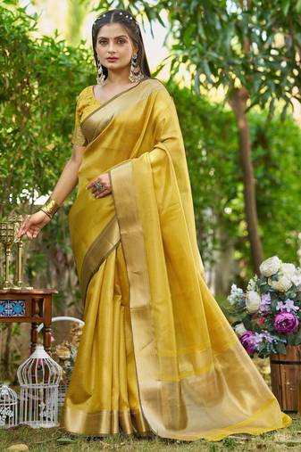Yellow plain tissue tissue-sarees saree with blouse