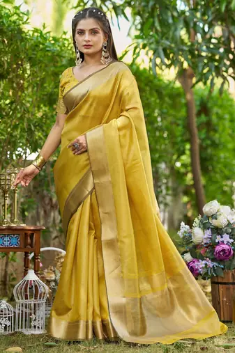 Yellow plain tissue tissue-sarees saree with blouse