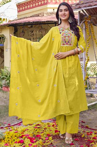 Women Floral Embroidered Empire Thread Work Cotton Cambridge Kurta  Pant & With Dupatta