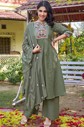 Women Floral Embroidered Empire Thread Work Cotton Cambridge Kurta  Pant & With Dupatta