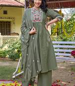 Women Floral Embroidered Empire Thread Work Cotton Cambridge Kurta  Pant & With Dupatta