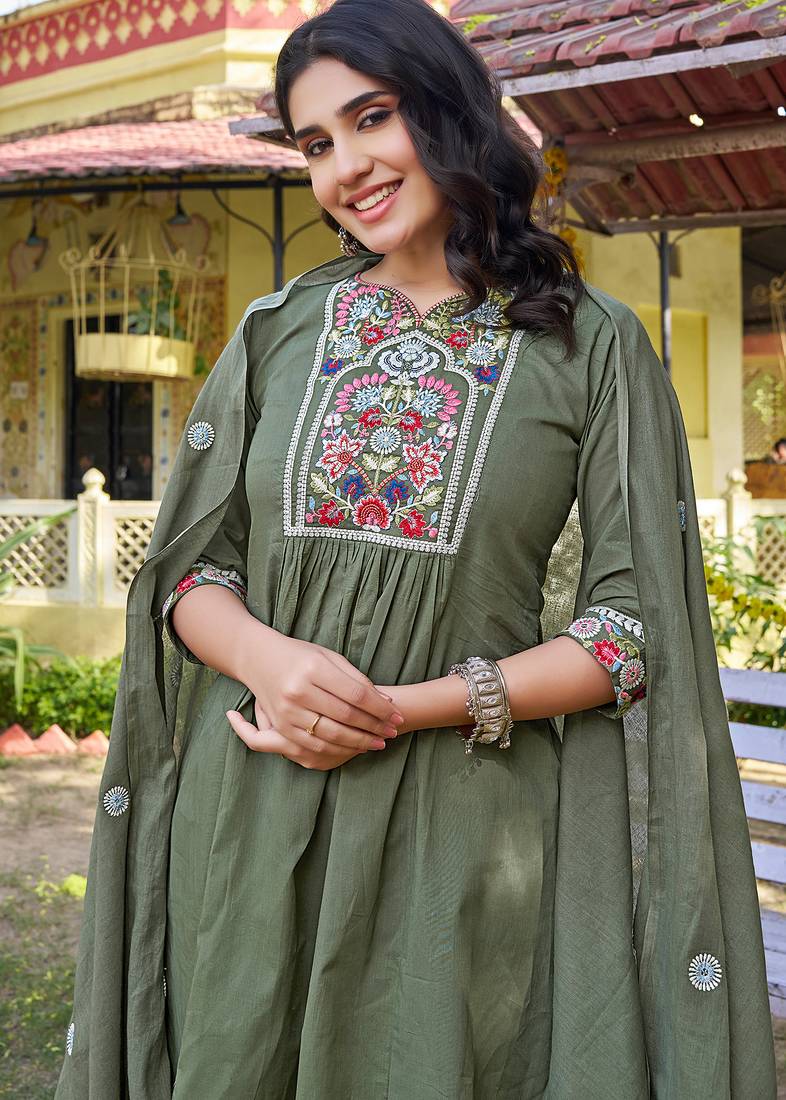 Women Floral Embroidered Empire Thread Work Cotton Cambridge Kurta  Pant & With Dupatta