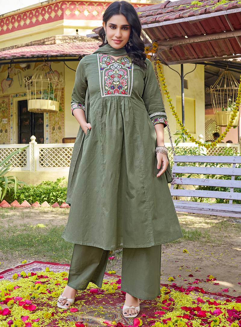 Women Floral Embroidered Empire Thread Work Cotton Cambridge Kurta  Pant & With Dupatta