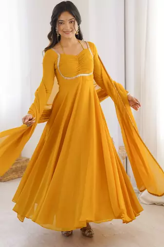 yellow georgette anarkali gown with dupatta