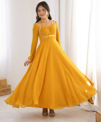 yellow georgette anarkali gown with dupatta 3