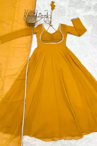 yellow georgette anarkali gown with dupatta