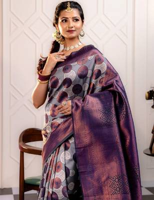 blue silk blend banarasi saree with unstitched blouse piece 3