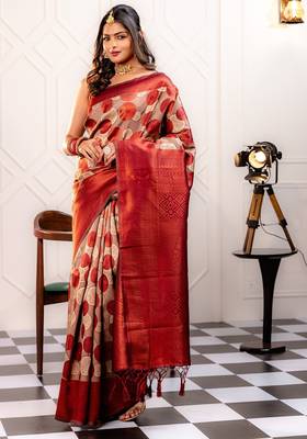 maroon silk blend banarasi saree with unstitched blouse piece 1