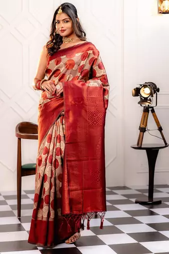 maroon soft art silk banarasi jacuard work designer party wear saree with unstitched blouse piece