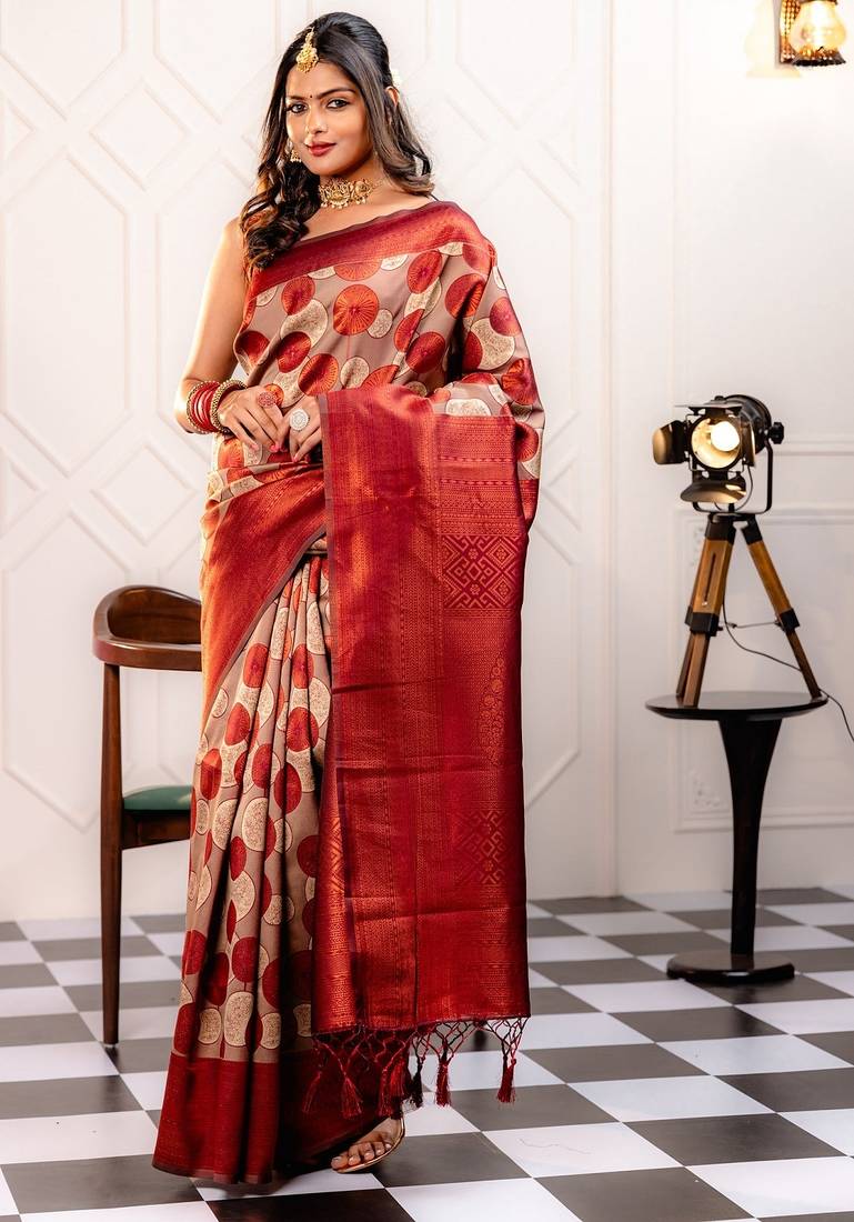 maroon soft art silk banarasi jacuard work designer party wear saree with unstitched blouse piece