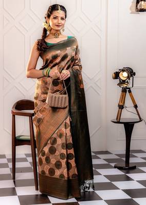 peach silk blend banarasi saree with unstitched blouse piece 1