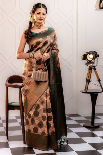 peach soft art silk banarasi jacuard work designer party wear saree with unstitched blouse piece