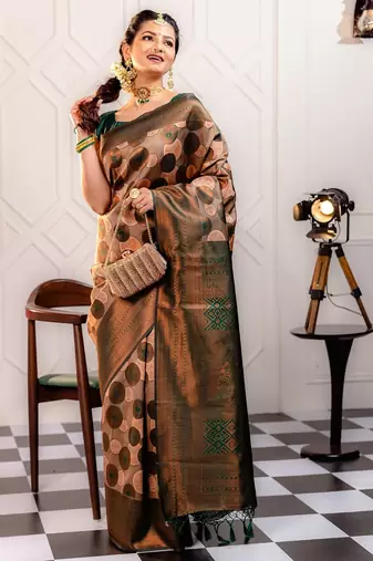 peach silk blend banarasi saree with unstitched blouse piece