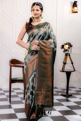 sky green silk blend banarasi saree with unstitched blouse piece 1