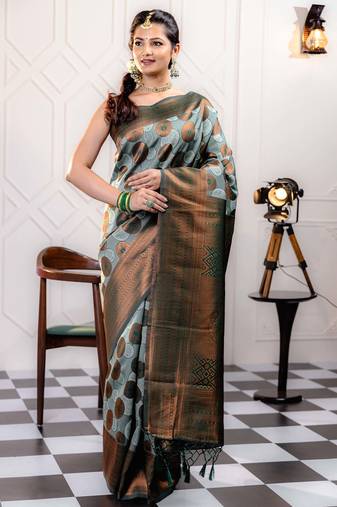 sky green soft art silk banarasi jacuard work designer party wear saree with unstitched blouse piece