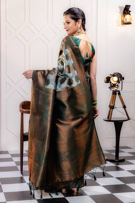 sky green silk blend banarasi saree with unstitched blouse piece 2