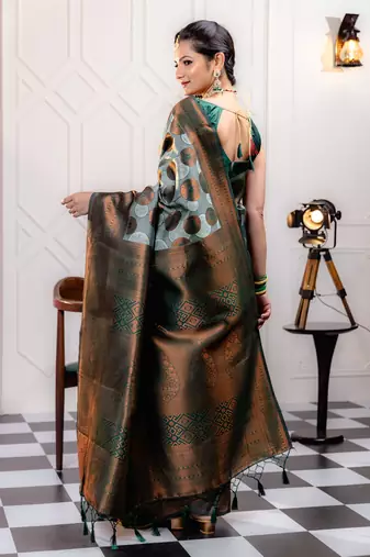 sky green silk blend banarasi saree with unstitched blouse piece