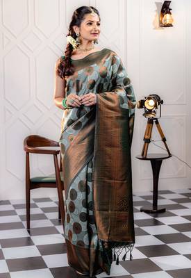 sky green silk blend banarasi saree with unstitched blouse piece 3
