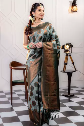 sky green silk blend banarasi saree with unstitched blouse piece