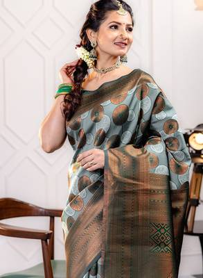 sky green silk blend banarasi saree with unstitched blouse piece 4