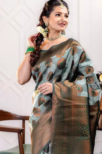 sky green silk blend banarasi saree with unstitched blouse piece