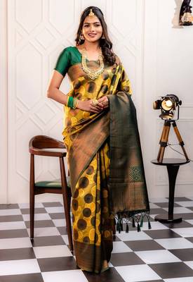 yellow silk blend banarasi saree with unstitched blouse piece 1