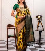 yellow soft art silk banarasi jacuard work designer party wear saree with unstitched blouse piece