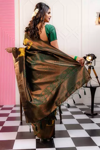 yellow silk blend banarasi saree with unstitched blouse piece