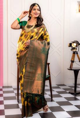 yellow silk blend banarasi saree with unstitched blouse piece 3