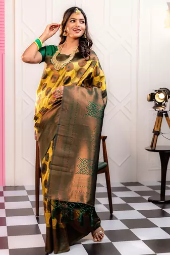 yellow silk blend banarasi saree with unstitched blouse piece