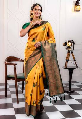 green gold silk blend banarasi saree with unstitched blouse piece 1