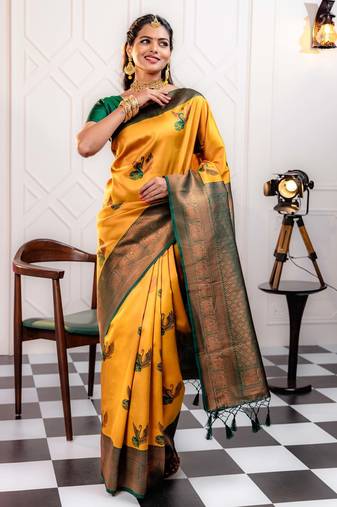 green gold soft art silk banarasi jacuard work designer party wear saree with unstitched blouse piece