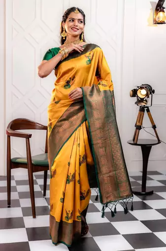 green gold soft art silk banarasi jacuard work designer party wear saree with unstitched blouse piece