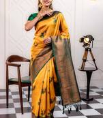 green gold soft art silk banarasi jacuard work designer party wear saree with unstitched blouse piece