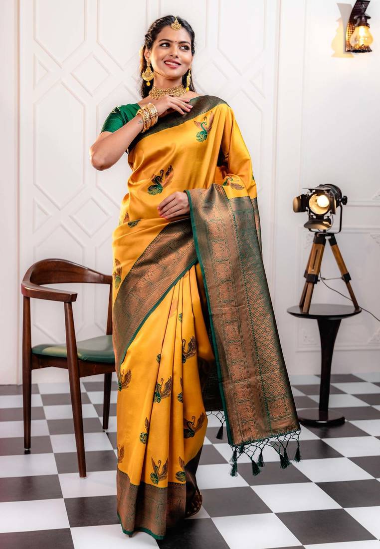 green gold soft art silk banarasi jacuard work designer party wear saree with unstitched blouse piece