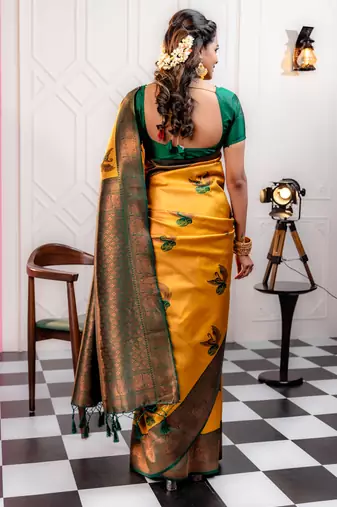 green gold silk blend banarasi saree with unstitched blouse piece
