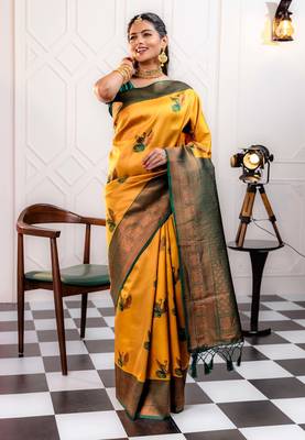 green gold silk blend banarasi saree with unstitched blouse piece 3