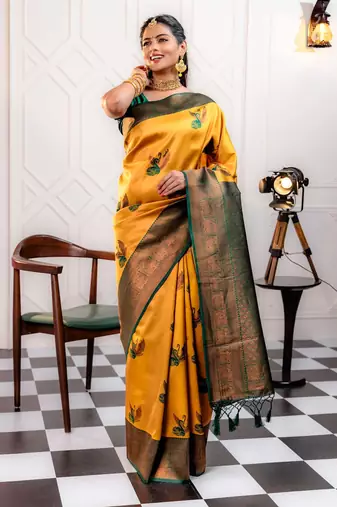 green gold silk blend banarasi saree with unstitched blouse piece
