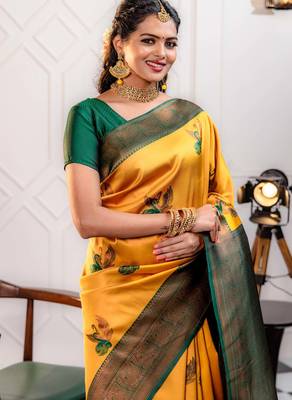 green gold silk blend banarasi saree with unstitched blouse piece 4